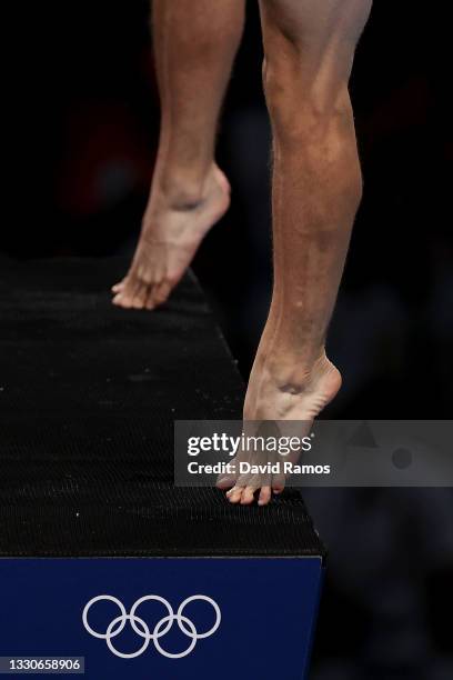 Nathan Zsombor-Murray and Vincent Riendeau of Team Canada competes during the Men's Synchronised 10m Platform Final on day three of the Tokyo 2020...