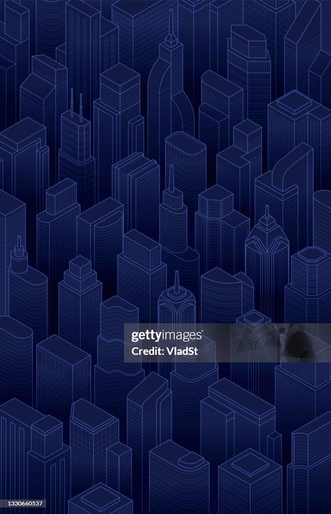 Isometric City at Night Skyscrapers Cityscape Metropolis Downtown Urban Background