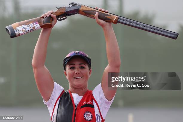 Gold Medalist Amber English of Team United States celebrates following the Skeet Women's Finals on day three of the Tokyo 2020 Olympic Games at Asaka...
