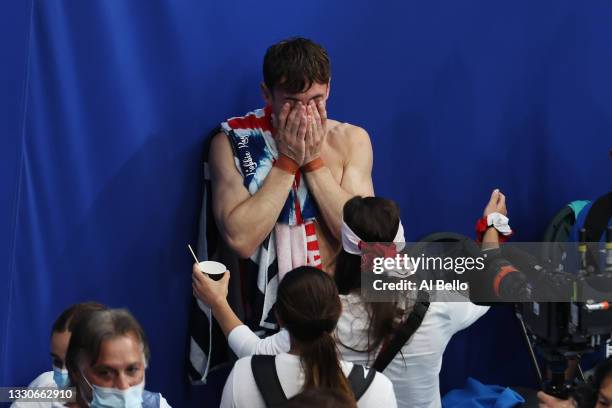Tom Daley of Team Great Britain celebrates after winning gold in the Men's Synchronised 10m Platform Final on day three of the Tokyo 2020 Olympic...