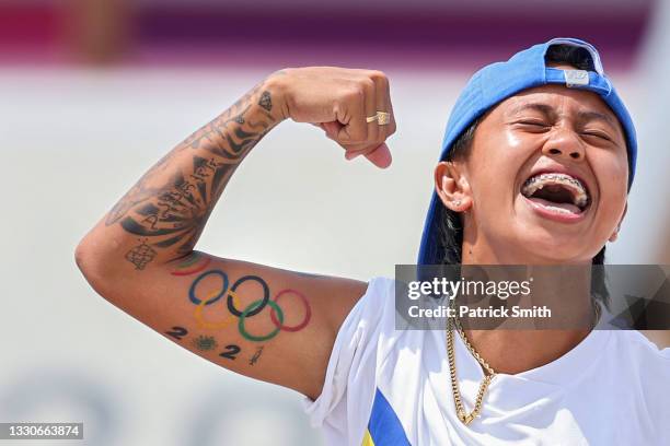 Margielyn Didal of Team Philippines celebrates during the Women's Street Final on day three of the Tokyo 2020 Olympic Games at Ariake Urban Sports...