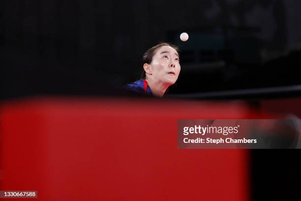 Kasumi Ishikawa of Team Japan serves the ball during her Women's Singles Round 3 match on day three of the Tokyo 2020 Olympic Games at Tokyo...
