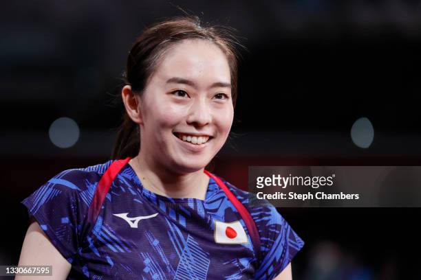 Kasumi Ishikawa of Team Japan reacts during her Women's Singles Round 3 match on day three of the Tokyo 2020 Olympic Games at Tokyo Metropolitan...