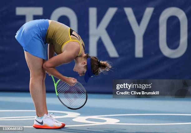 Elina Svitolina of Team Ukraine ce during her Women's Singles Second Round match against Ajla Tomljanovic of Team Australia on day three of the Tokyo...