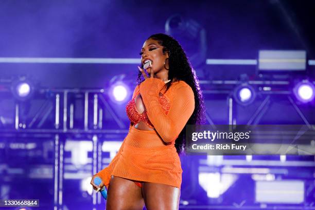 Megan Thee Stallion performs on stage during Rolling Loud at Hard Rock Stadium on July 25, 2021 in Miami Gardens, Florida.