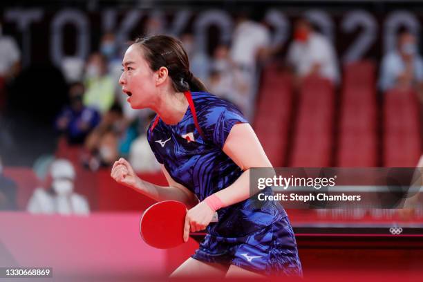 Kasumi Ishikawa of Team Japan reacts during her Women's Singles Round 3 match on day three of the Tokyo 2020 Olympic Games at Tokyo Metropolitan...