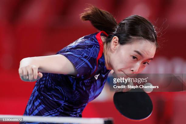 Kasumi Ishikawa of Team Japan in action during her Women's Singles Round 3 match on day three of the Tokyo 2020 Olympic Games at Tokyo Metropolitan...