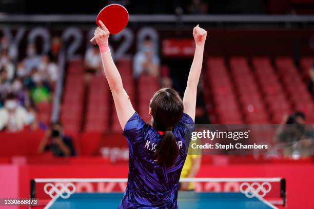 Kasumi Ishikawa of Team Japan reacts during her Women's Singles Round 3 match on day three of the Tokyo 2020 Olympic Games at Tokyo Metropolitan...