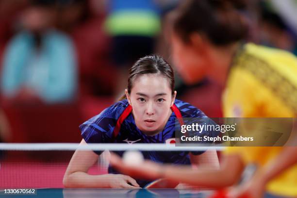 Kasumi Ishikawa of Team Japan serves the ball during her Women's Singles Round 3 match on day three of the Tokyo 2020 Olympic Games at Tokyo...