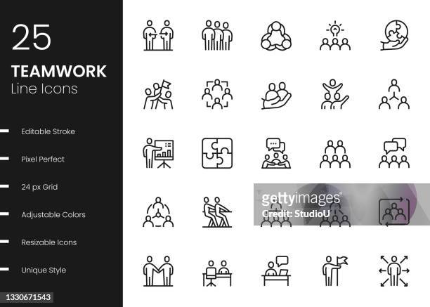 teamwork line icons - feinlinige illustration stock-grafiken, -clipart, -cartoons und -symbole