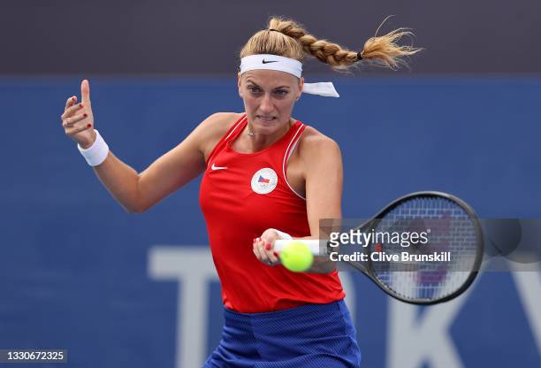 Petra Kvitova of Team Czech Republic plays a forehand during her Women's Singles Second Round match against Alison Van Uytvanck of Team Belarus on...