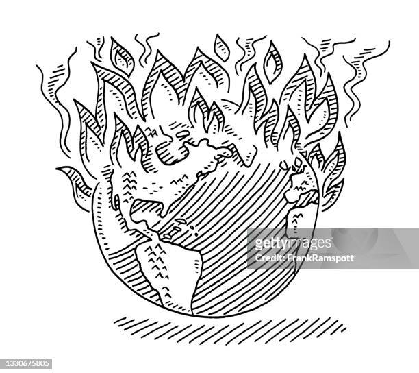 planet earth burning symbol drawing - destruction stock illustrations