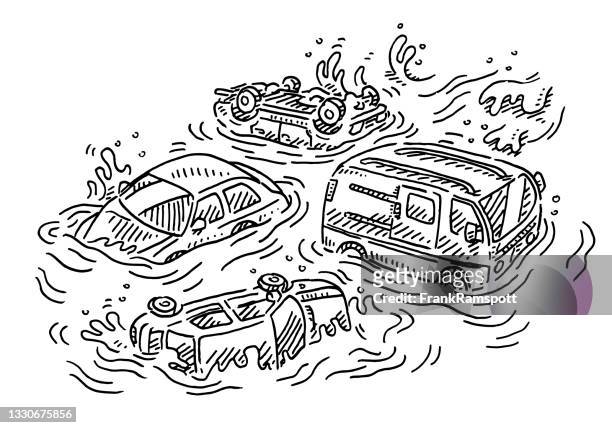 floating cars flood disaster drawing - destruction stock illustrations