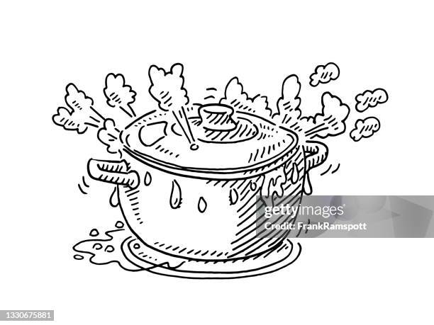 ilustraciones, imágenes clip art, dibujos animados e iconos de stock de overboiling dibujo de la olla de cocina - olla hirviendo