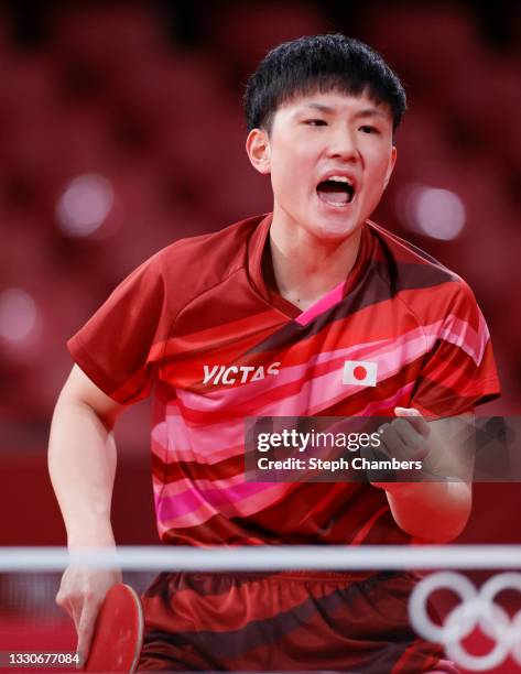 Tomokazu Harimoto of Team Japan reacts during his Men's Singles Round 3 match on day three of the Tokyo 2020 Olympic Games at Tokyo Metropolitan...