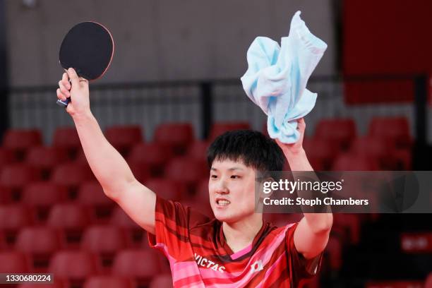 Tomokazu Harimoto of Team Japan celebrates winning his Men's Singles Round 3 match on day three of the Tokyo 2020 Olympic Games at Tokyo Metropolitan...