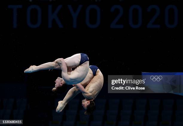 Tom Daley and Matthew Lee of Team Great Britain practice prior to the Men's Synchronised 10m Platform Final on day three of the Tokyo 2020 Olympic...