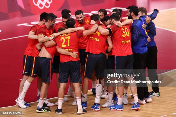 Team Spain celebrate after winning the Men's Preliminary Round Group A match between Spain and Norway on day three of the Tokyo 2020 Olympic Games at...