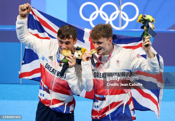 Gold Medalists Tom Daley of Team Great Britain during the medals ceremony of the Men's Synchronised 10m Platform Final on day three of the Tokyo 2020...