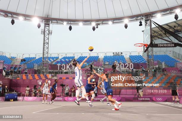 Giulia Rulli of Team Italy shoots in the 3x3 Basketball competition on day three of the Tokyo 2020 Olympic Games at Aomi Urban Sports Park on July...