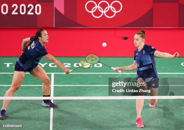 Chloe Birch and Lauren Smith of Team Great Britain compete against Greysia Polii and Apriyani Rahayu of Team Indonesia during a Women’s Doubles Group...