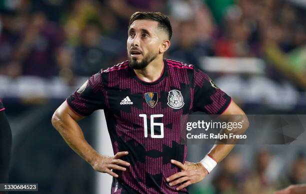 Midfielder Hector Herrera of Mexico during the first half of the Concacaf Gold Cup quarterfinal match against Honduras at State Farm Stadium on July...