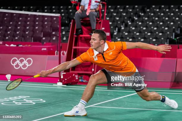 Mark Caljouw of the Netherlands competing on Men's Singles Group Play Stage - Group D during the Tokyo 2020 Olympic Games at the Musashino Forest...