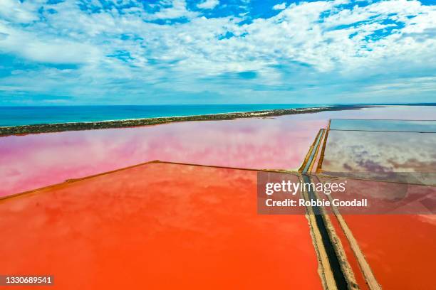 aerial view over the stunning colourful lake at hutt lagoon. port gregory, western australia - color enhanced stock pictures, royalty-free photos & images