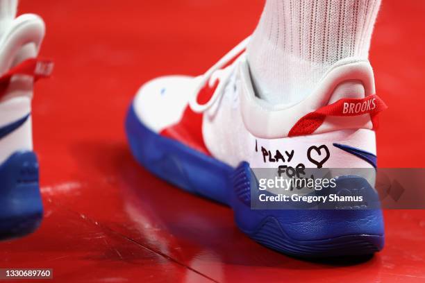 Detail photograph of the shoes of Jelena Brooks of Team Serbia during the second half of the Women's Preliminary Round Group A game against Team...