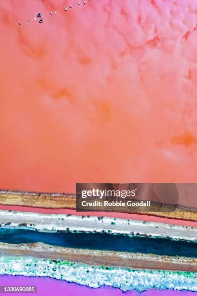 aerial view over the stunning colourful lake at hutt lagoon. port gregory, western australia - lago salato foto e immagini stock