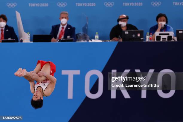 Wataru Tanigawa of Team Japan competes in the floor exercise during the Men's Team Final on day three of the Tokyo 2020 Olympic Games at Ariake...