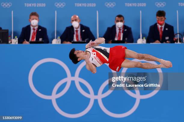 Wataru Tanigawa of Team Japan competes in the floor exercise during the Men's Team Final on day three of the Tokyo 2020 Olympic Games at Ariake...