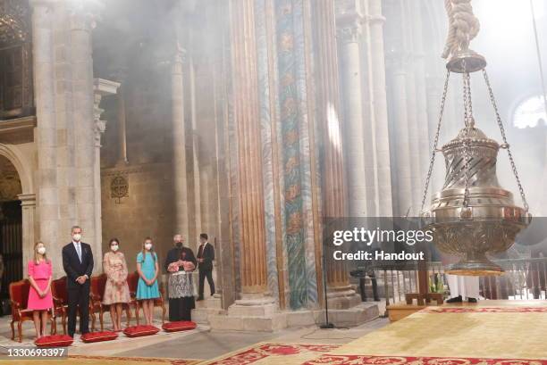 This handout image provided by the Spanish Royal Household shows Princess Leonor, King Felipe of Spain, Queen Letizia of Spain and Princess Sofia at...