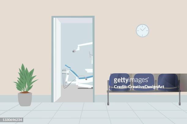 illustrazioni stock, clip art, cartoni animati e icone di tendenza di sala d'attesa nello studio dentistico con sedili blu vuoti - lounge chair