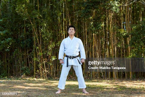young man practicing karate outdoors - mens judo fotografías e imágenes de stock