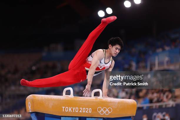 Daiki Hashimoto of Team Japan competes on pommel horse during the Men's Team Final on day three of the Tokyo 2020 Olympic Games at Ariake Gymnastics...