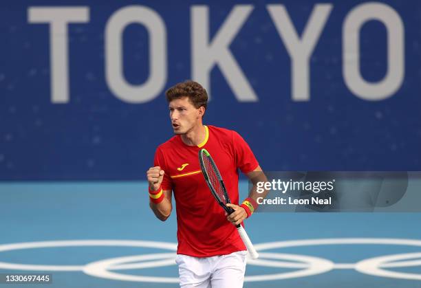 Pablo Carreno Busta of Team Spain celebrates after a point during his Men's Singles Second Round match against Marin Cilic of Team Croatia on day...