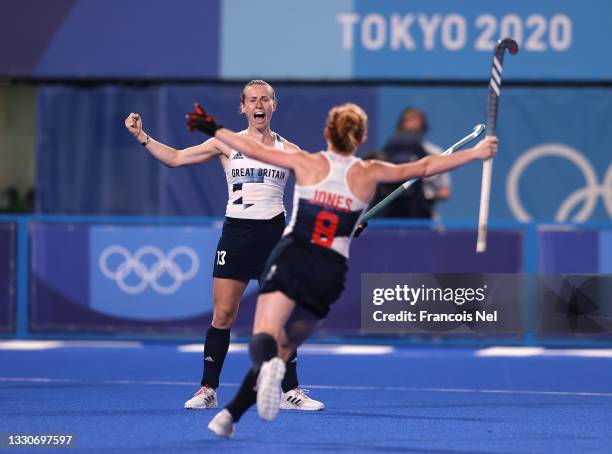 Elena Sian Rayer of Team Great Britain celebrates with teammate Sarah Louise Jones after scoring their team's fourth goal during the Women's...
