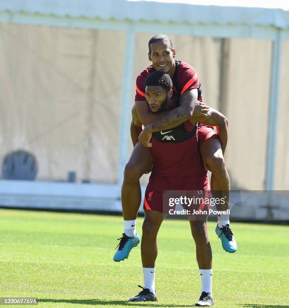 Virgil van Dijk of Liverpool with Joe Gomez of Liverpool during a training session on July 26, 2021 in UNSPECIFIED, Austria.