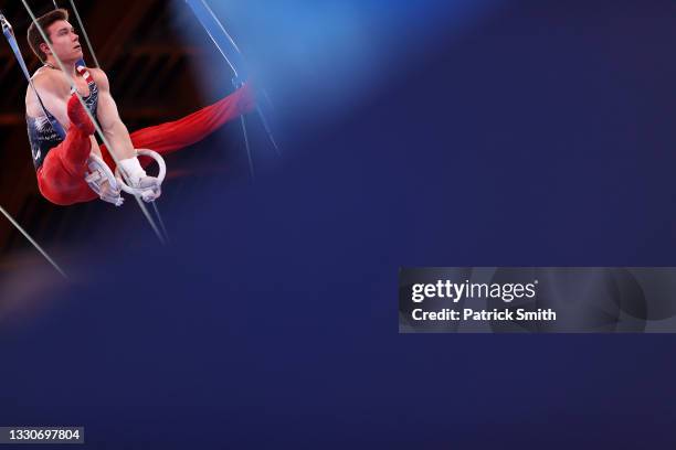 Brody Malone of Team United States competes on rings during the Men's Team Final on day three of the Tokyo 2020 Olympic Games at Ariake Gymnastics...