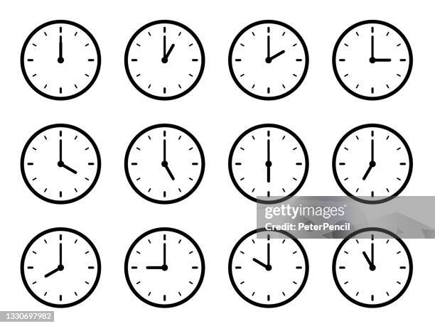 clock time zones set - vector illustration. different timezones time. arrows - hours, minutes on clockface. clock time lapse. - clock face stock illustrations