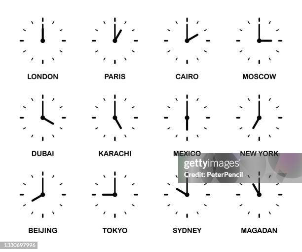 clock time zones set - vector illustration. different timezones time. arrows - hours, minutes on clockface. clock time lapse. - number 2 pencil stock illustrations