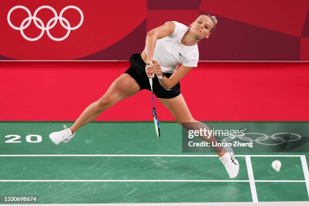 Kristin Kuuba of Team Estonia competes against Daniela Macias of Team Peru during a Women’s Singles Group D match on day three of the Tokyo 2020...