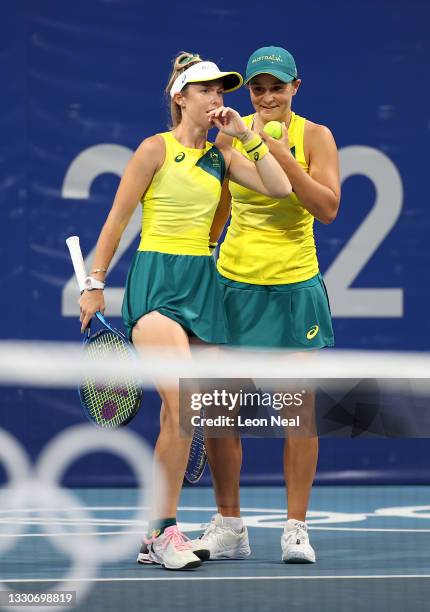 Ashleigh Barty of Team Australia and Storm Sanders of Team Australia play Yifan Xu of Team China and Zhaoxuan Yang of Team China during their Women's...