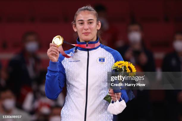 Nora Gjakova of Team Kosovo poses with the gold medal for the Women’s Judo 57kg event on day three of the Tokyo 2020 Olympic Games at Nippon Budokan...