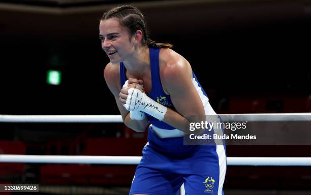 Skye Nicolson of Australia reacts after the Women's Feather on day three of the Tokyo 2020 Olympic Games at Kokugikan Arena on July 26, 2021 in...