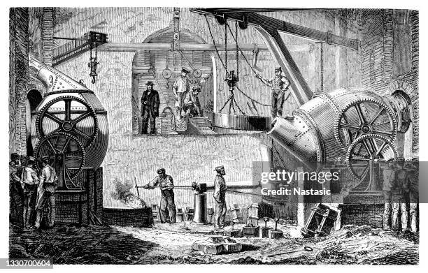 technical processing of iron in a bessemer converter - steel stock illustrations