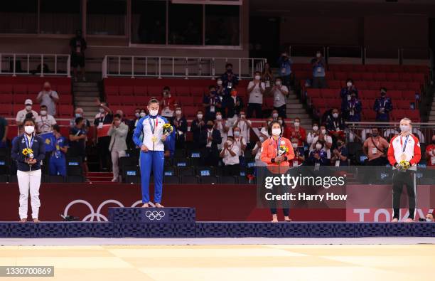 Silver medalist Sarah Leonie Cysique of Team France, gold medalist Nora Gjakova of Team Kosovo, bronze medalist A Tsukasa Yoshida of Team and bronze...