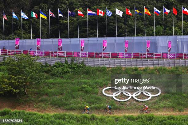 General view of Daniel Mcconnell of Team Australia, Alex Miller of Team Namibia & Kohei Yamamoto of Team Japan ride during the Men's Cross-country...