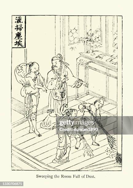 ilustrações de stock, clip art, desenhos animados e ícones de chinese pilgrim's progress, sweeping the room full of dust, 19th century - escova progressiva